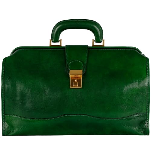 Time Resistance Leather Doctor Briefcase - Italian Handmade Medical Bag - Vintage Style Briefcase for Men and Women -Top Handle Gladstone Bag (Green)