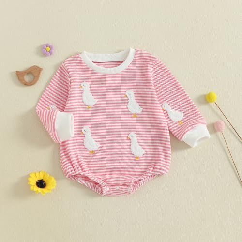 Newborn Baby Girl Fall Outfit Silly Goose Sweatshirt Bubble Romper Waffle Long Sleeve Striped Bodysuit Farm Clothes3