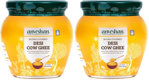 Image of Anveshan Empowering farmers with technology A2 Desi Cow Ghee 500mL | Glass Jar | Bilona Method | Curd-Churned | Pure, Natural & Healthy | Lab Tested | Grass-Fed Cultured Ghee (Pack of 2)