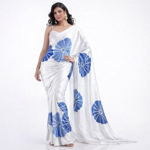Image of Japan Satin Floral Print Saree for Women with Blouse Piece - Satin Finish Draped Saree