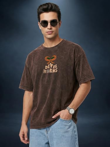 Image of Veirdo Heavy GSM Pure Cotton Men's Graphic Print Oversized Fit Half Sleeve Round Neck Cotton Acid Wash Print T-Shirt in Different Colors with Sizes ranging from S to 2XL.