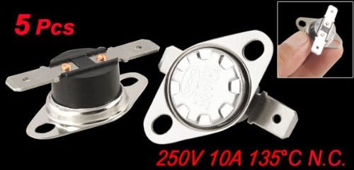 Multiple uxcell KSD301 thermostat switches showing both black and white base versions, with metal mounting flanges and terminals.