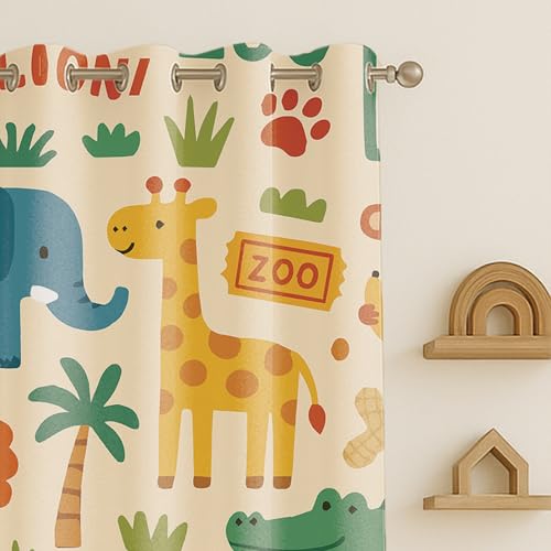 Image of STITCHNEST Velvet Kids Curtains Pack of 1 | Zoo Safari Animal Print | Semi Blackout Curtains for Baby Room, Nursery & Toddler Bedroom | 5 Feet