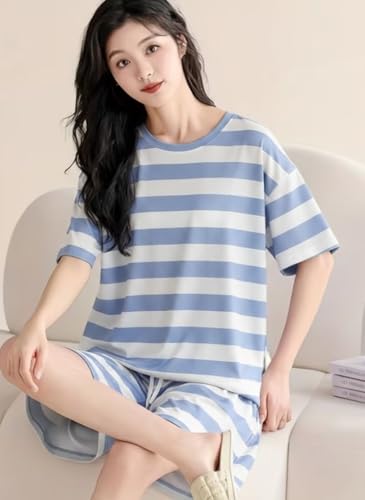Image of SMOWKLY Women Korean Shorts Pajama Set |Summer Night Top & Shorts Dress |Cotton Blend Nightwear Set Top & Shorts Sleepwear Lounge Wear Soft Comfortable Night Suit Ladies | Co-Ord Home Wear Set