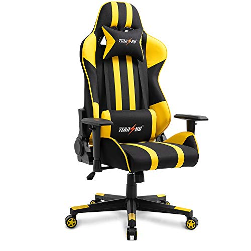 TIANSHU Gaming stoel Hoge rug Computer Game Chair Bureaustoel PP stof en PU lederen racestoel PC Ergonomische stoel met hoofdsteun en lendenkussen Verstelbare draaistoel E-Sports Chair, Geel