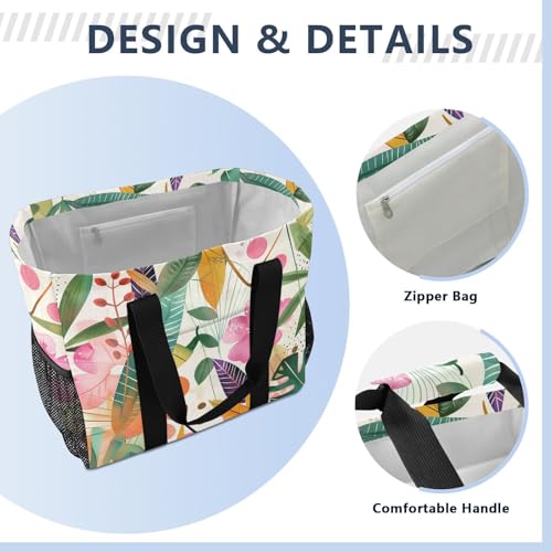 Tropical Leaves and Flowers Tote Utility Bag Foldable Tote Bag For Beach With Pockets Resusable Shopping Bags with Handles Travel Laundry Bags4