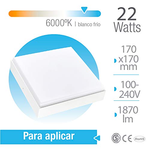 Plafón cuadrado sin marco de superficie 22W Blanco Frío 6000°K 170x170mm