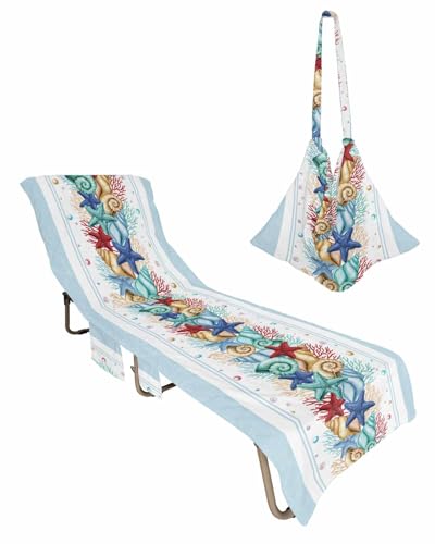 Aqua Coastal Beach Lounge Chair Towel Cover, Soft Chaise Lounge Towel with Side Pockets Patio Pool Chairs Cover for Beach/Pool Sunbathing 29x85 Nautical Starfish Coral Shell Beach Ocean