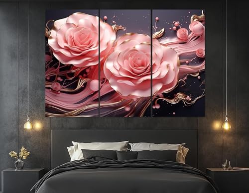 Peinture fleurs roses pour chambre romantique tableau triptyque XINBAO deco murale luxueuse