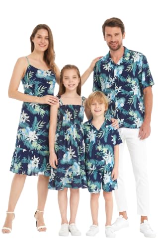 Image of Family Matching Hawaiian Clothes, Orchid Breeze Navy | Lightweight 100% rayon • Family matching outfits • Beach vacations • Luaus • Cruises • Family photos