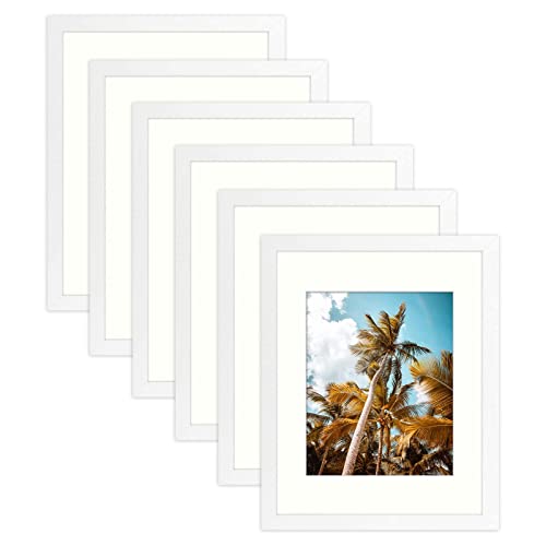 Image of Frametory, 11x14 Picture Frame - Display 8x10 Photo with Mat - Wide Molding - Preinstalled Wall Mounting Hardware (White, 6-Pack)