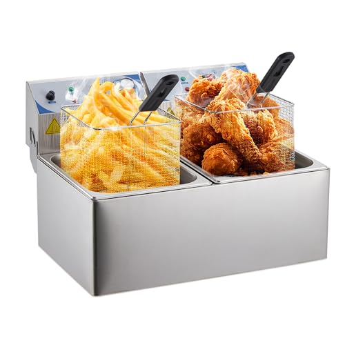 Commercial Electric Deep Fryer 2 x 10L Stainless Steel Double Fryer with Removable Basket & Lid, Temperature Control for Turkey French Fries Chicken Wings Restaurant Home Kitchen