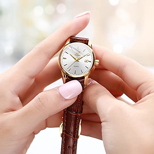 Elegant Brown Leather Women's Quartz Watch with Small Gold and White Dial, Waterproof Date Feature, Perfect for Casual and Dress Occasions - Image 7