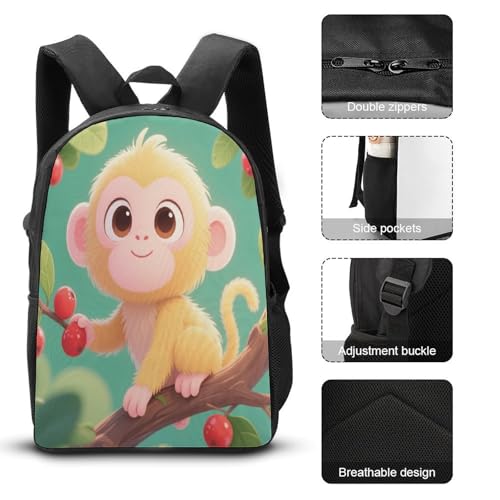 Printed Backpack With Lunch Pack Storage Box Case Little Monkey 3pcs Lightweight Travel Backpack3