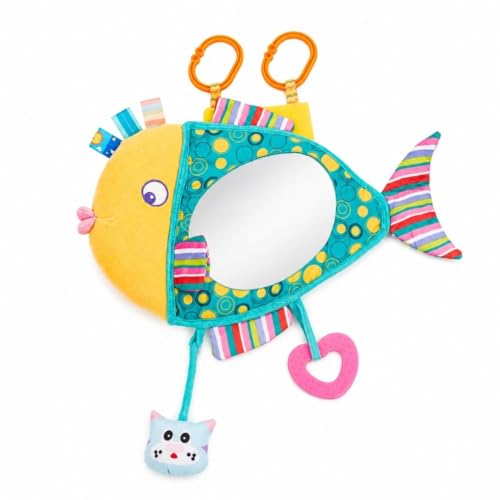 Image of Peek-a-Boo Fish Plush Stroller Toy with Baby-Safe Mirror | Colorful Hanging Sensory Rattle with C-Clip for Crib | Washable Interactive Tummy Time Soft | Pram & Car Seat Toys for Toddlers