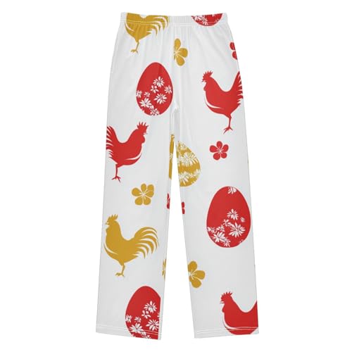 Rooster Floral Egg Boys Long Pants Soft Trousers Elastic Waist Kids Lounge Bottoms with Pockets S-XL