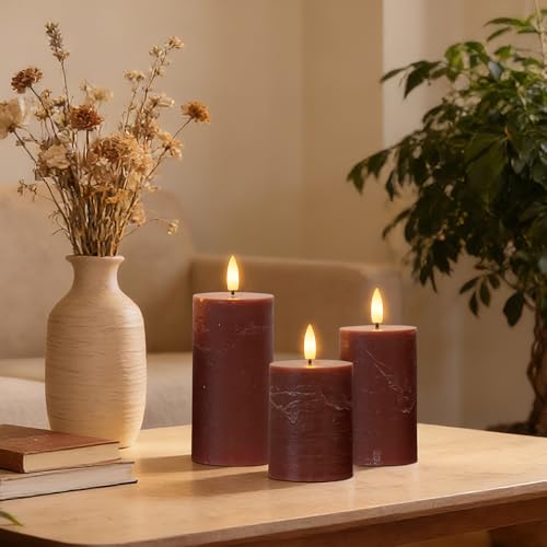 Image of Brown Flameless Pillar Candles with Remote, Real Wax Flickering Battery Operated Candles, LED Decorative Candles for Home Decor, Table, Fireplace Mantle, Set of 3