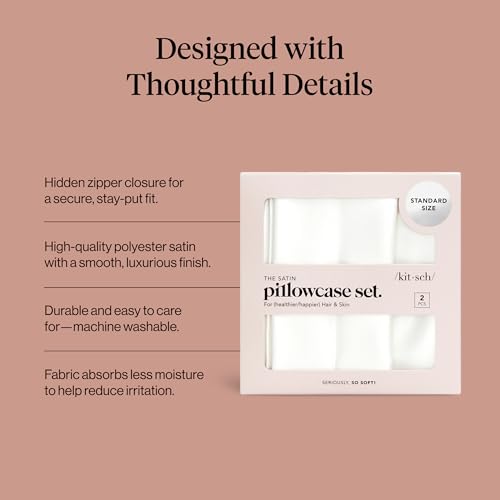 Image of Kitsch Satin Pillowcase with Zipper for Hair & Skin - Softer Than Silk Pillow Cases, Smooth Cooling Satin Pillow Case, Wrinkle-Free, Machine Washable - Pillow Cases Standard Size (19x26), Ivory 2pcs