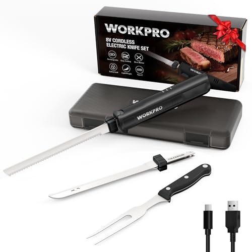 WORKPRO Cordless Electric Knife Set 8V Electric Bread Knife with 2 Stainless Steel Blades & Fork Electric Carving Knife for Ham Steak & Bread Storage Case Included Black