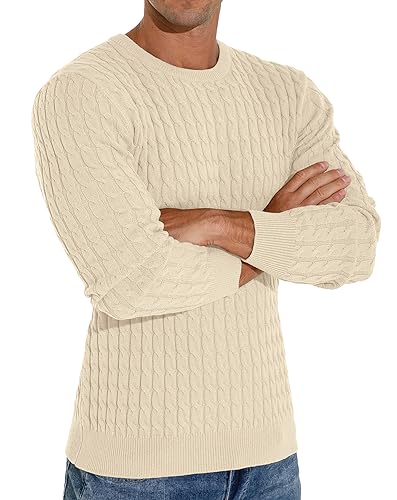 Askdeer Men's Crewneck Sweater Classic Soft Knitted Pullover Sweaters Beige3