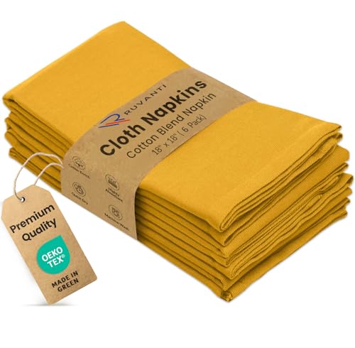 Image of Ruvanti Cloth Napkins Set of 6, 18x18 Inches Napkins Cloth Washable, Soft, Durable, Absorbent, Cotton Blend. Table Dinner Napkins Cloth for Hotel, Lunch, Restaurant, Wedding Parties - Mustard