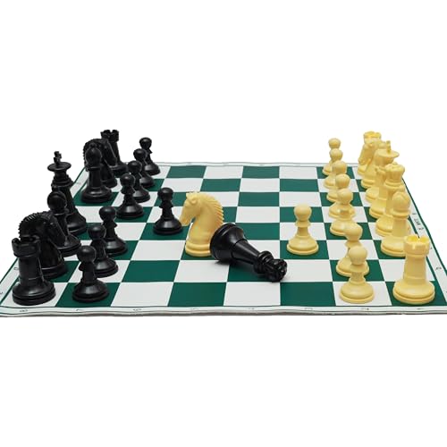 Image of International Tournament Chess Set | 17x 17 inch Mat |3X Weighted Chess Pieces with Velvet Base | 1.5Kg Premium Plastic Chessmen | Big Size | Roll-Up Green Vinyl Board | 100% Virgin Plastic