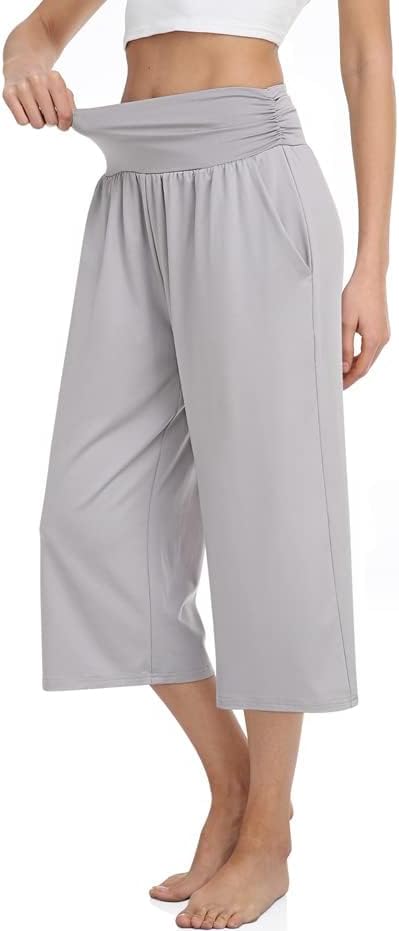 TARSE Womens Capris Lounge Yoga Pajama Cropped Pants Casual Wide Leg with Pockets Elastic Waist Workout Sweat Pants Summer - Image 4