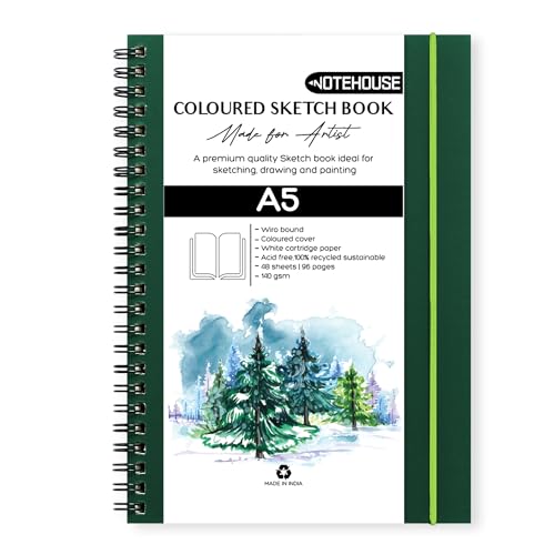 Image of NOTEHOUSE A5 Portrait Spiral Sketchbook (14x21 cm) | 96 Unruled White Thick Pages | Professional Drawing Notebook | Green Hard Cover Art Book for Artists & Students