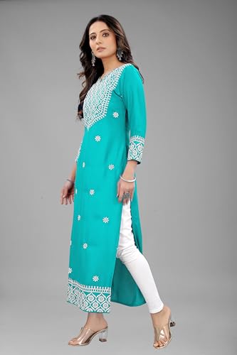 Image of Women's Rayon Embroidered Straight Kurti Under 499 Designer Attractive Look Women's Kurta
