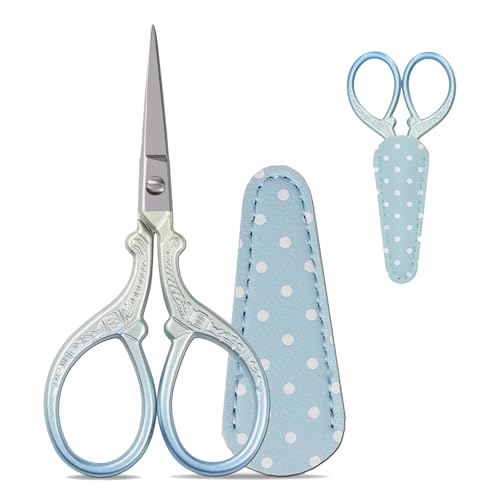 1PCS Embroidery Scissors Small Craft Stainless Steel Scissors,Stainless Steel CraftScissors for Sewing Threading Needlework Handicraft Trimming with Leather Protective Case Blue