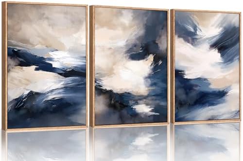 HLNIUC Blue Beige Abstract Wall Art Set of 3(16x24), Navy Brush S...