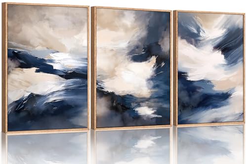 HLNIUC Blue Beige Abstract Wall Art Set of 3(16x24), Navy