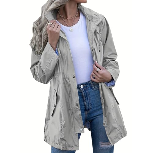 Chubasquero ligero y ajustado para mujer, a la moda, para uso diario, senderismo, equitación, cortavientos, longitud media, casual, resistente al agua, Gris, XXL