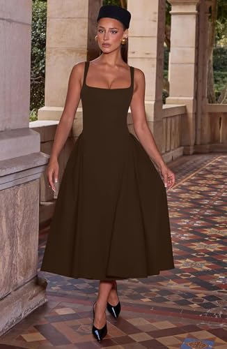 Image of Memoriesea Women's Elegant Square Neck Swing A Line Wedding Evening Party Midi Dress