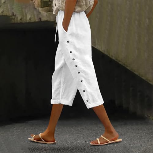 Linen Pants Women,Capris Pants for Women,Petite Linen Pant Womens Capri for Summer Clearance Ladies Gauze Trousers Trendy Causal Striped Summer Pant for Women 2025,White2