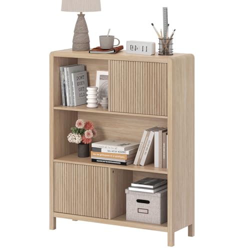 FATORRI Cube Bookshelf with 2 Doors, Wood Bookcase with Storage,