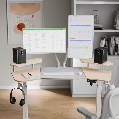 Image of EUREKA ERGONOMIC Aero 55 Inch W Shaped Electric Standing Desk, Height Adjustable Computer Gaming Desk with LED Monitor Shelf, Mouse Pad, Headphone Hook, Cup Holder, Natural Maple
