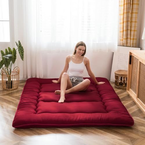 Image of MAXYOYO Japanese Floor Futon Mattress - Thicken Sleeping Pad, Foldable Roll Up Mattress Topper, Guest Floor Couch Mat, Burgundy, Queen