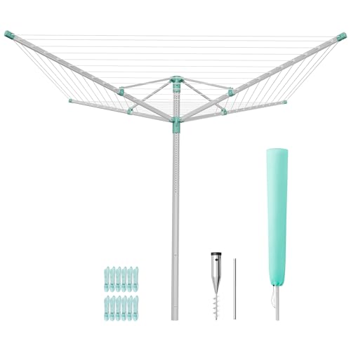 SONGMICS Étendoir à Linge Réglable en Hauteur, Séchoir Parapluie, Alliage d’Aluminium, Extérieur, Ancrage au Sol, Housse, Pinces, Argent et Vert, 60 m de Corde à Linge, pour 6 Machines LLR302E01V1
