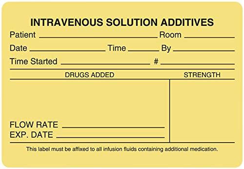 United Ad Label Line IV Labels INTRAVENOUS Solution ADDITIVES, 4" x 2-3/4", Permanent Paper Label, Yellow, One Roll of 345 Labels