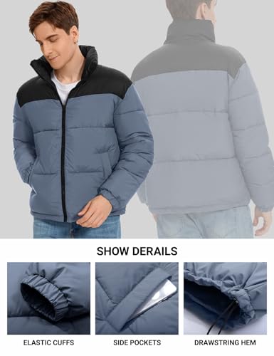 Image of PEHMEA Men's Puffer Jacket Stand Collar Zipper Coat with Pockets Retro Bubble Outwear for Winter