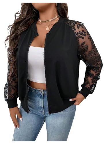 WDIRARA Women's Plus Size Lace Zip Up Bomber Jacket Mesh Long Sleeve Outerwear