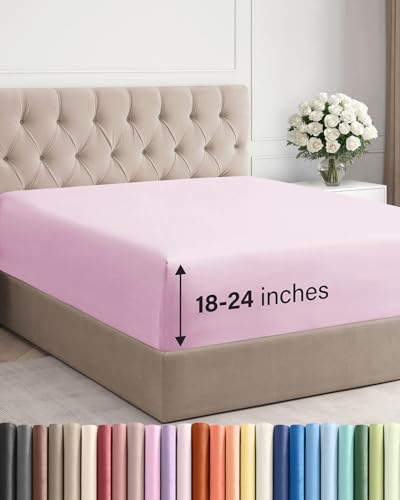 Image of Extra Deep King Fitted Sheet - Single Fitted Sheet Only - Light Pink | Easily Fits 18 inch to 24 inch Mattress, Soft, Wrinkle Free, Breathable & Comfy, Extra Deep Pockets Hotel Luxury Fitted Sheet