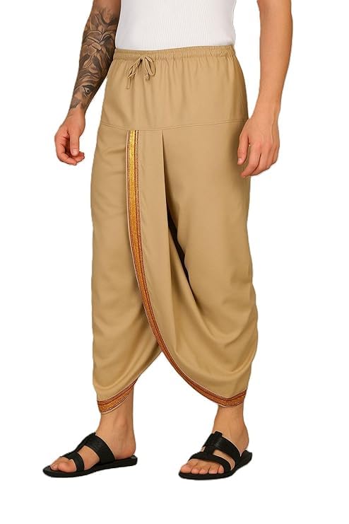 Men's Readymade Panchakacham Dhoti Pant Ready to Wear Golden Zari Border Elastic Drawsting Waist Panjakejam For Men Free Size