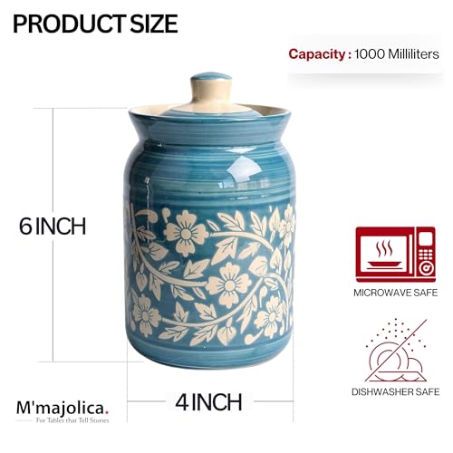Image of Sky Blue Floral Ceramic Handglazed Pickle Jars Set of 2-1000 ML Each | 1 kg Achaar Martban Barni Jar with Lid | Ceramic Storage Jar Container Pickle, Chatney