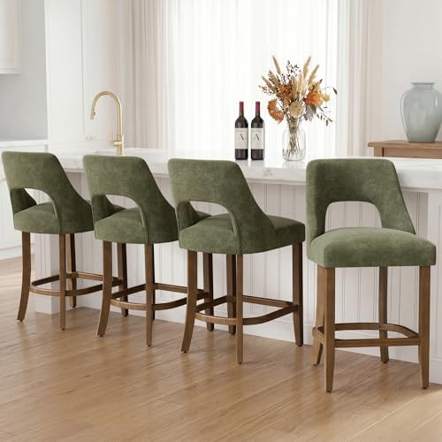 Image of UVV Bar Stools Set of 3, Upholstered Counter Height Bar Stools, Modern Counter Stools with Wood Legs for Kitchen Island Dining Room Bar, Green