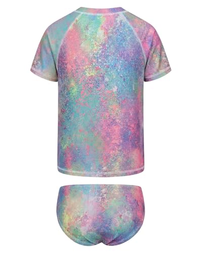 Image of Girls Two Piece Rash Guard Swimsuits Set Short Sleeve Bathing Suit for Kids Hawaiian Swimwear Set 3-16 Years