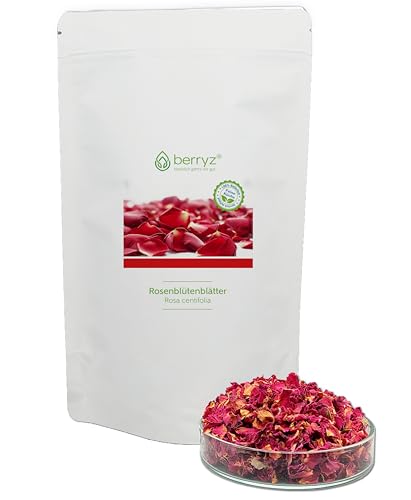 Véritables pétales de rose séchés rouges | Délicieusement parfumé, plein arôme | 50 g | Fleurs comestibles naturellement pures | Thé de pétales de...