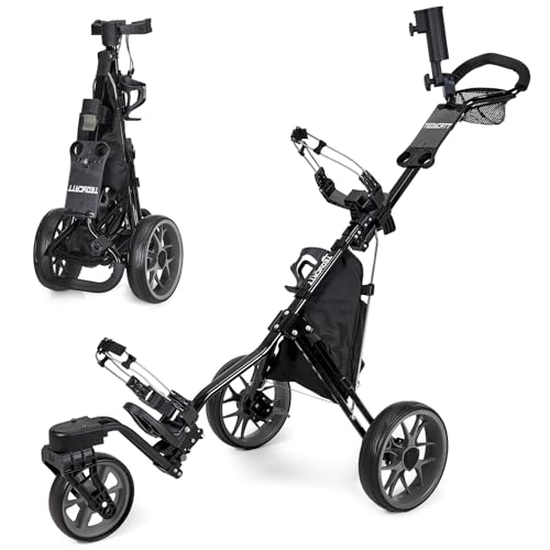 Tedycatt 360 Golf Push Cart: Lightweight Folding Swivel 3 Wheels Golf Caddy with Foot Brake, Cooler Bag, Drink& Umbrella Holder, Black Frame Gray Wheels
