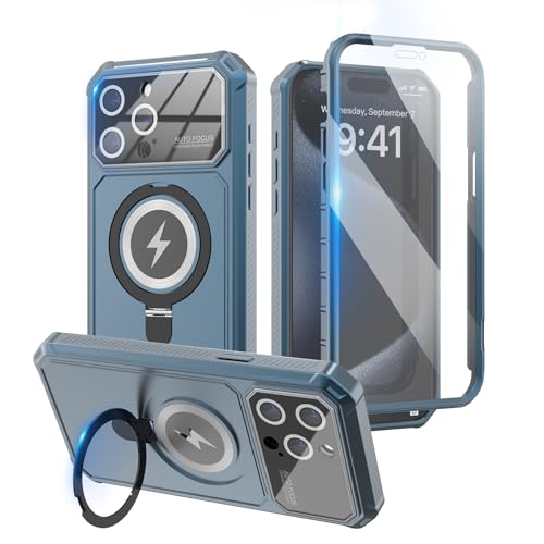 KJSK for iPhone 15 Pro Max Case,Kickstand+Magnetic+Screen Protector+Camera Protection,Heavy Duty Protection,Drop Proof Rugged Protective Cell Phone Cover for iPhone 15 Pro Max(Dark Blue)